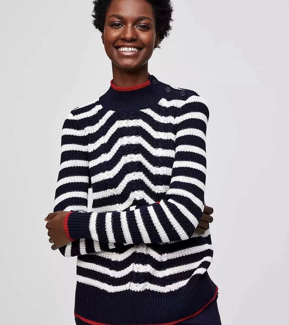Loft Nautical Navy Blue and White Red Striped Sweater Womens Small